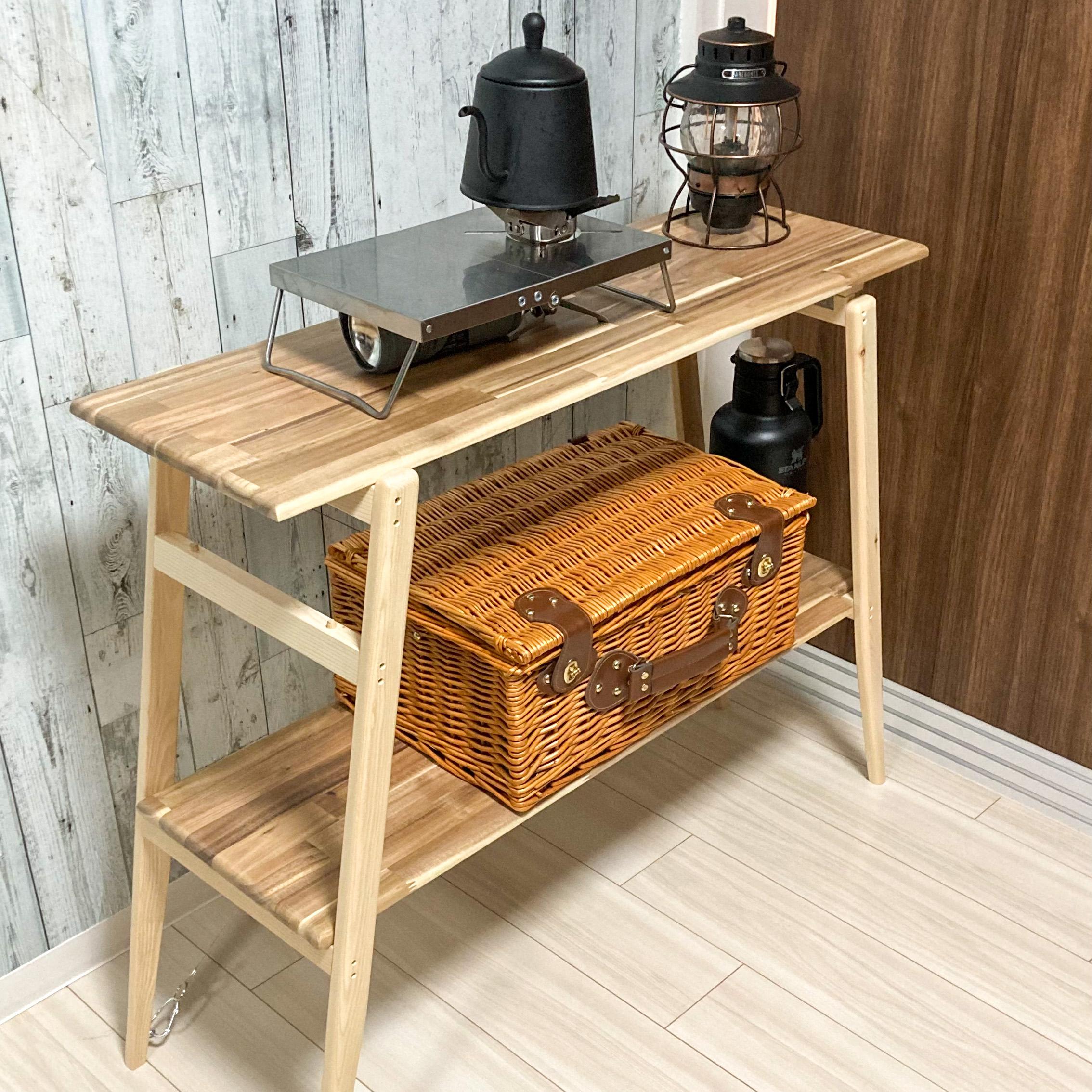 【専用収納袋セット】　耐水ウレタン塗装　木製キッチンテーブル　キャンプ　アカシア