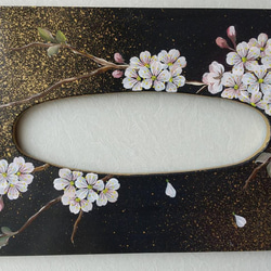 ティッシュボックス　ラタン風　トールペイント　桜　夜桜　手書き　一点物 2枚目の画像