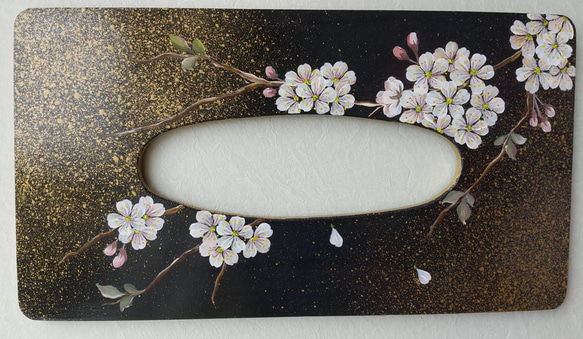 ティッシュボックス　ラタン風　トールペイント　桜　夜桜　手書き　一点物 2枚目の画像