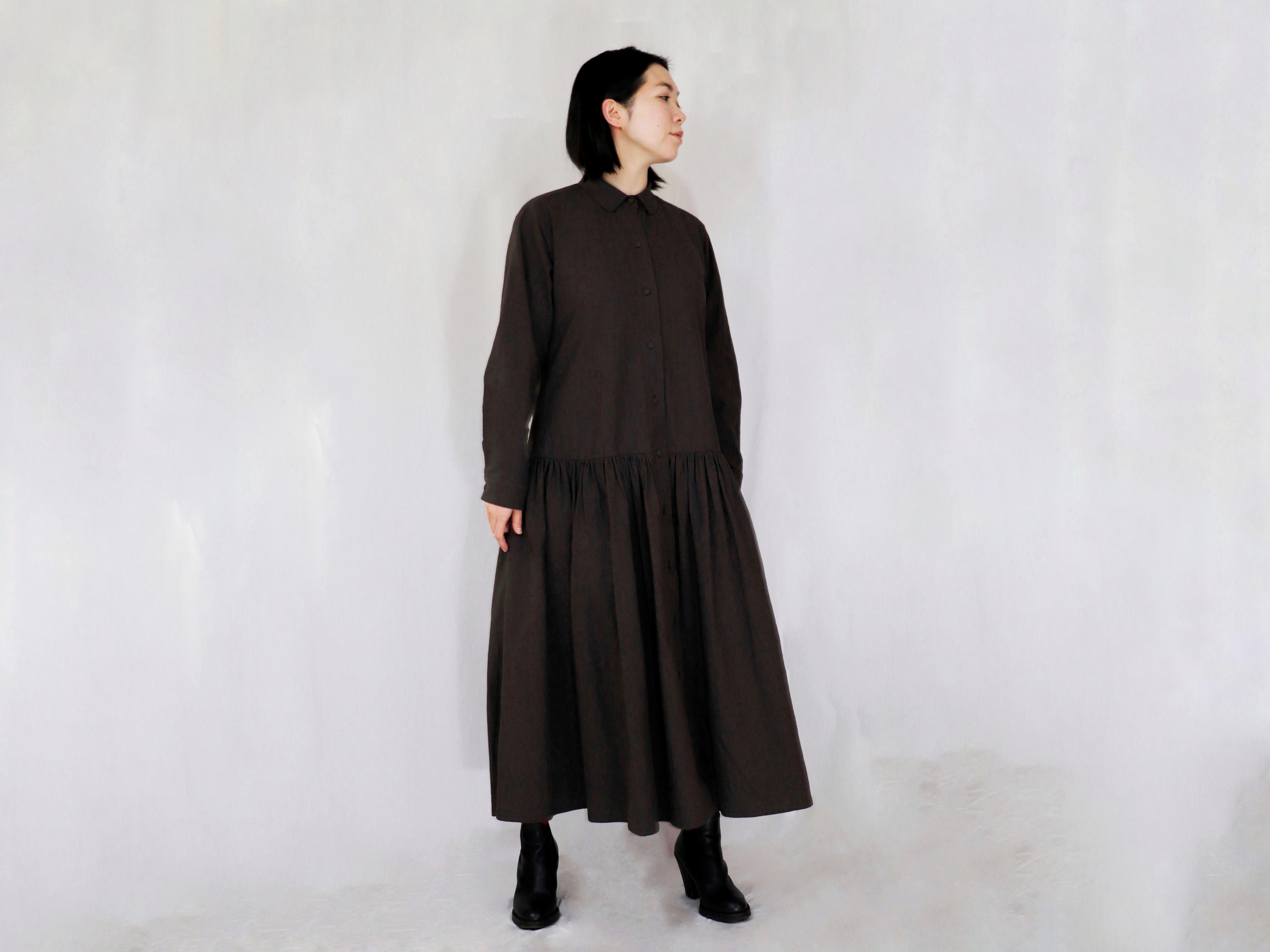 シャツ&ギャザーワンピース　長袖　コットン(ハンドワッシャームジ)　焦茶