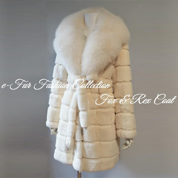 冬コーデ、明るく見せる☆ミルキーホワイトフォックスファー×レッキス毛皮コート 乳白色レディースコート リアルファーコート 9枚目の画像