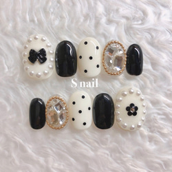 ネイルチップ 黒 リボン ドット アンティーク フレンチガーリー