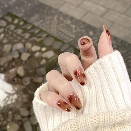 桜 茶色 ネイル スカルプ ネイル 短め 大人 ネイル フレンチ 春 ネイル