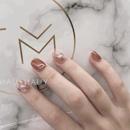 桜 茶色 ネイル スカルプ ネイル 短め 大人 ネイル フレンチ 春 ネイル