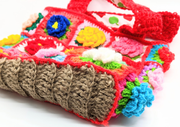 カントリー雑貨✿立体カラフルモチーフ編みバッグ 3枚目の画像