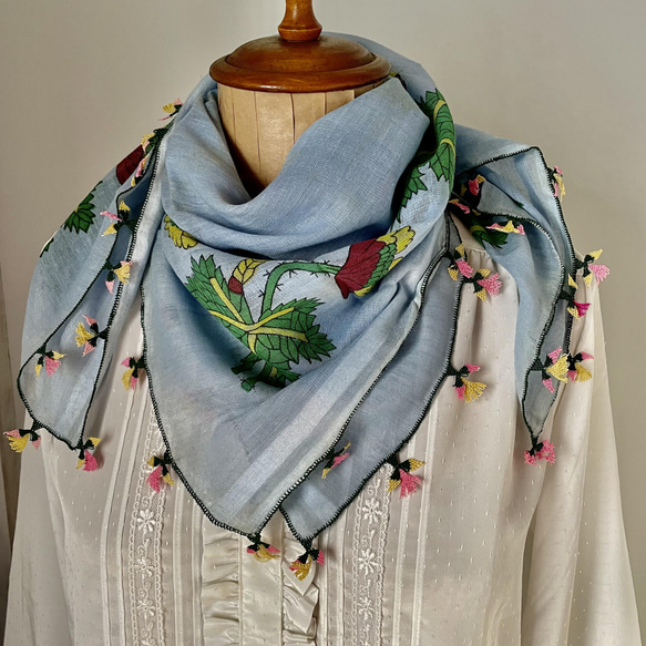 &lt;Outlet&gt; 針蕾絲棉手漆圍巾圍巾藍色和郁金香 第1張的照片