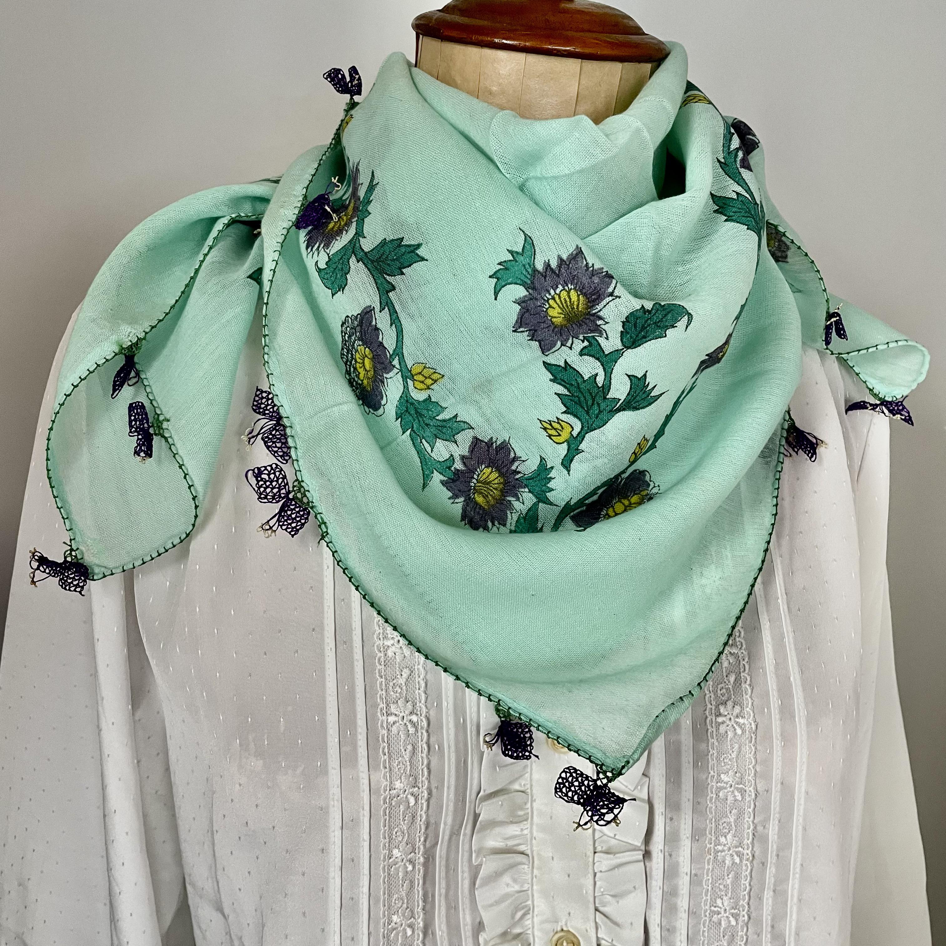 ニードルレース　コットン・ハンドペイント スカーフ　ミント