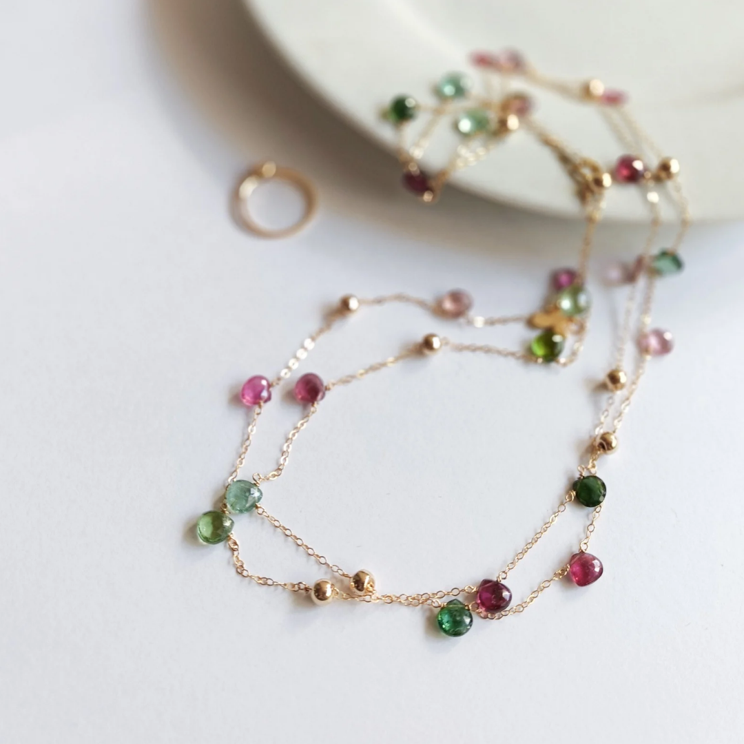 【 メルマガ掲載品 】 14kgf ビーズ × マルチカラー トルマリン の ロング ネックレス　100cm 20,905円