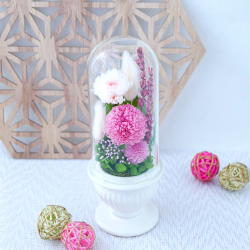 仏花」ポンポン菊のプリザーブドフラワーのガラスドーム＜受注