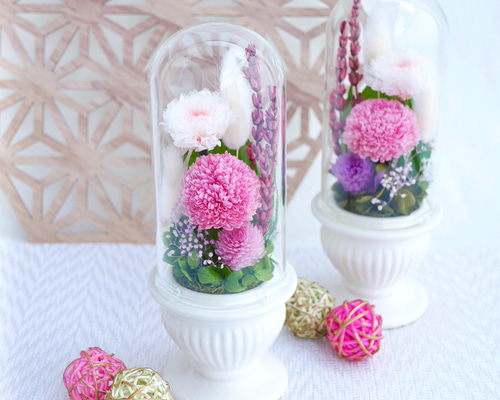 ガラスドーム仏花 仏花」ポンポン菊のプリザーブドフラワーのガラスドーム＜受注