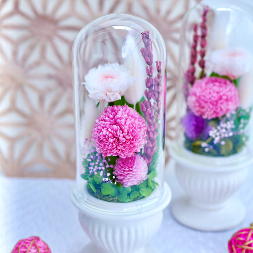 メ*ア様 プリザーブドフラワー ＊ ガラスドーム 対 輪菊 蓮入 ＊ 仏花 お供 仏花」ポンポン菊のプリザーブドフラワーのガラスドーム＜受注