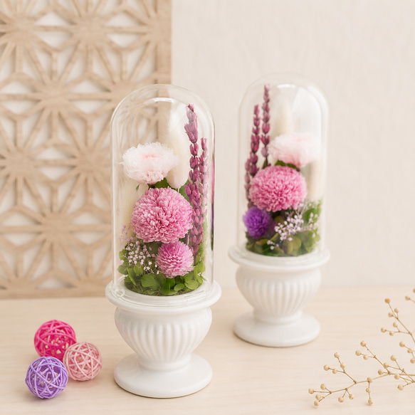 仏花」ポンポン菊のプリザーブドフラワーのガラスドーム＜受注制作