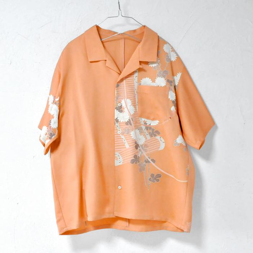 ○訳あり○【着物アロハ／御簾(みす)と菊】 着物リメイク 着物シャツ 