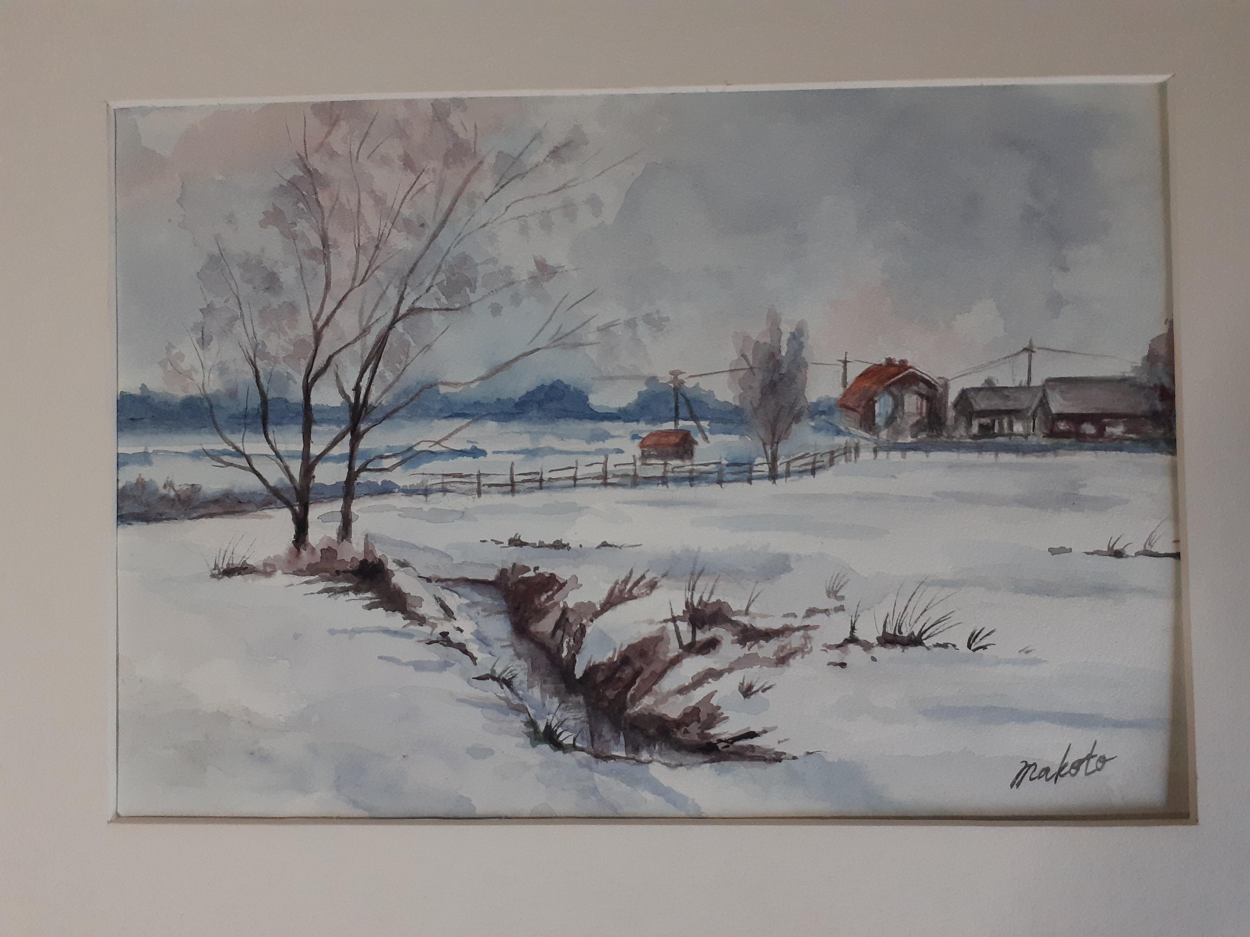 水彩画　永平寺　冬の絵　絵画　雪　寺　アート　インテリア　美術　マーメイド紙 水彩画 永平寺 冬の絵 絵画 雪 寺 アート インテリア 美術