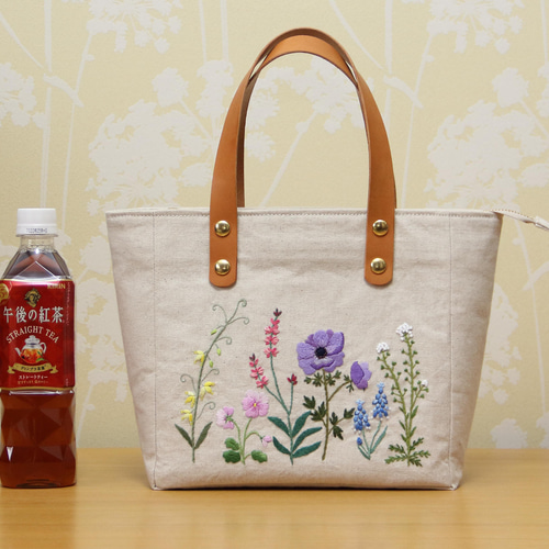 手刺繍 トートバッグ コットンリネン 本革 マチ付きファスナー トート
