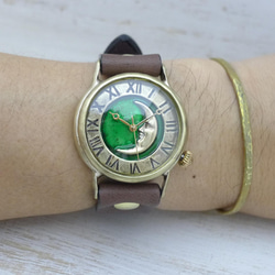 &quot;CrescentMoon4-JB&quot; 36毫米黃銅新月綠色錶盤手工鐘 [JUM38CM4] 第1張的照片