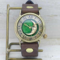&quot;CrescentMoon4-JB&quot; 36毫米黃銅新月綠色錶盤手工鐘 [JUM38CM4] 第4張的照片