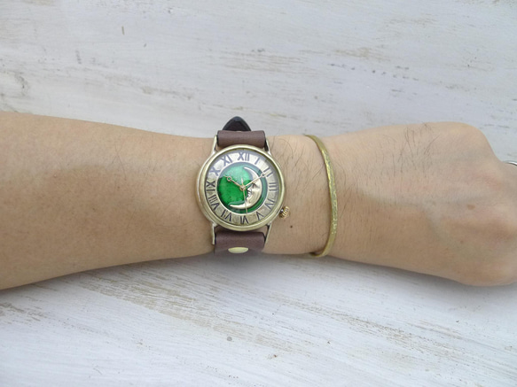 &quot;CrescentMoon4-JB&quot; 36毫米黃銅新月綠色錶盤手工鐘 [JUM38CM4] 第9張的照片