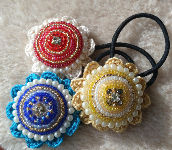 ロゼット風❁かぎ針編み×ビーズ刺繍のヘアゴム ヘアゴム Ritomi