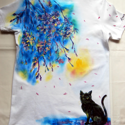 注文　手描きシャツ　しだれ桜と猫 2枚目の画像