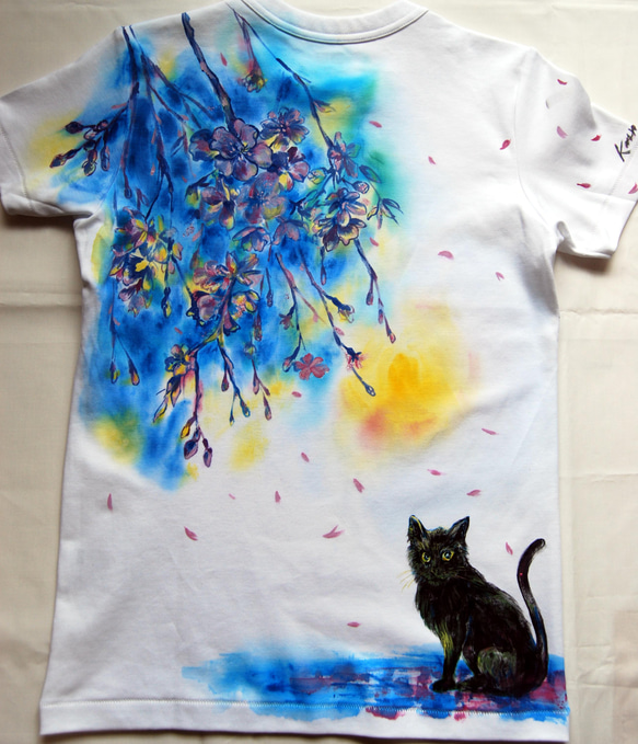 注文　手描きシャツ　しだれ桜と猫 2枚目の画像