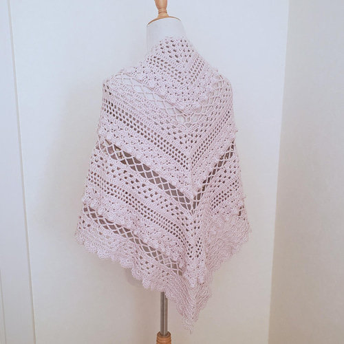 かぎ針編みレース 桜色コットンショール ストール crochet ai