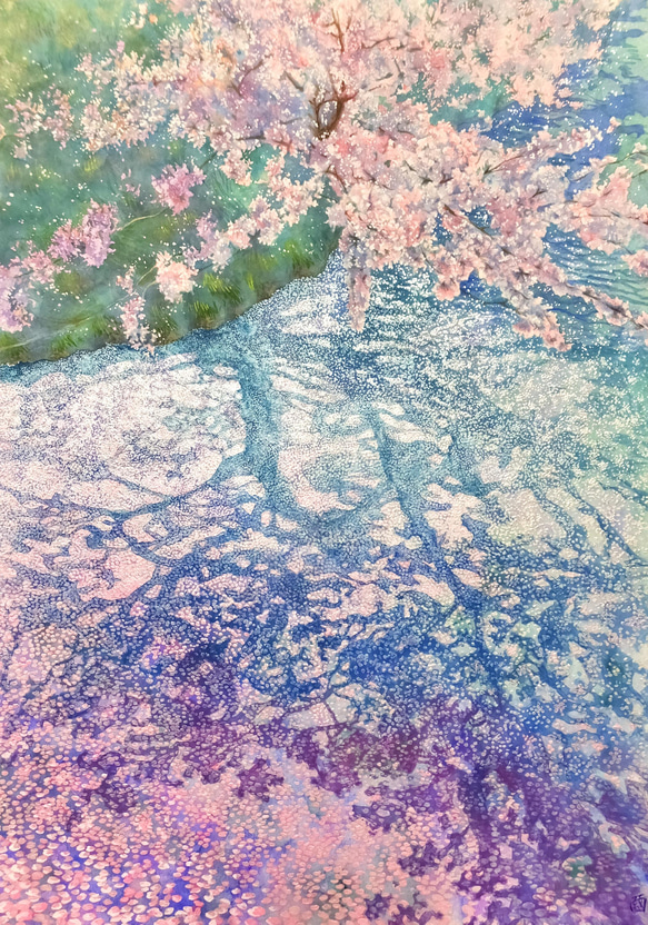 春の桜の弘前公園・花筏ポストカード額付き／風景／日本画系ミクストメディア／複製画／送料無料 4枚目の画像