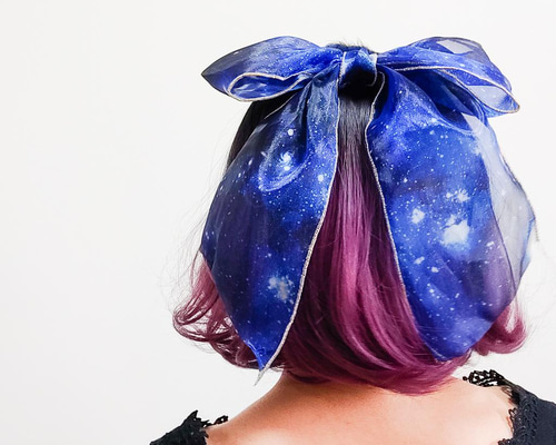 宇宙柄オーガンジービッグリボン☆ヘアクリップ・ブローチ付き ヘッド