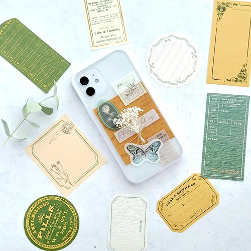 海外フレークシール + 紙モノ「Forest green 」 コラージュ素材セット