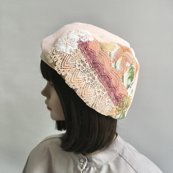 春らしいピンクの麻生地とゴブラン織りの組み合わせレース付きベレー帽 5枚目の画像