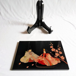 漆パネル　「桃の節句」　木製漆塗オブジェ（額立付） 5枚目の画像