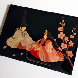 漆パネル　「桃の節句」　木製漆塗オブジェ（額立付） 2枚目の画像