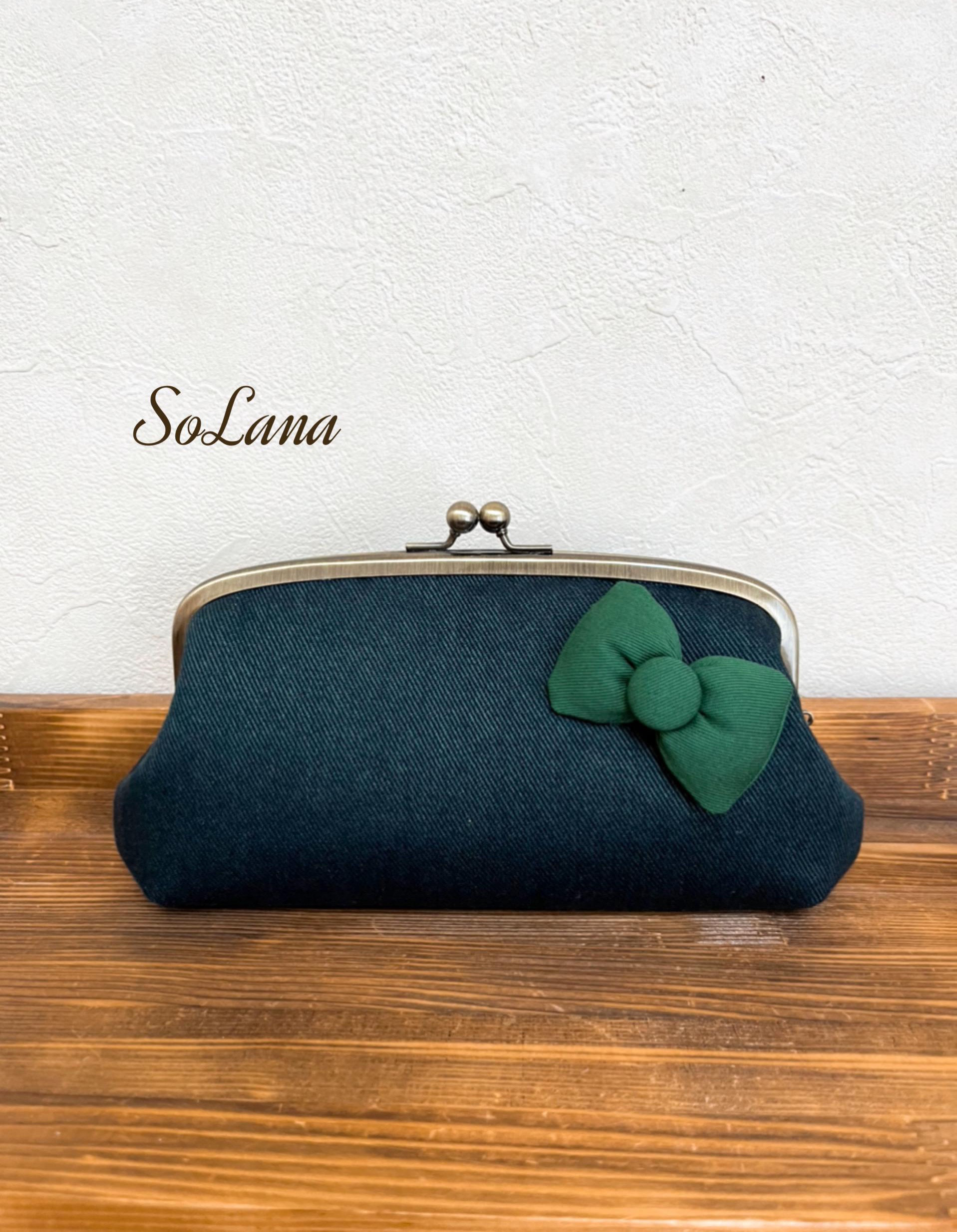 デニム×深緑リボン◇親子がま口長財布◇がま口財布