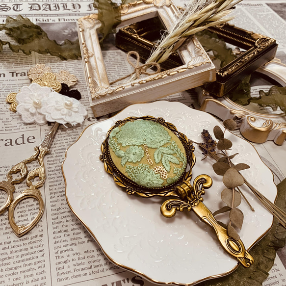 no.3 ゴールド×グリーン】インド刺繍リボンのハンドミラー インド刺繍