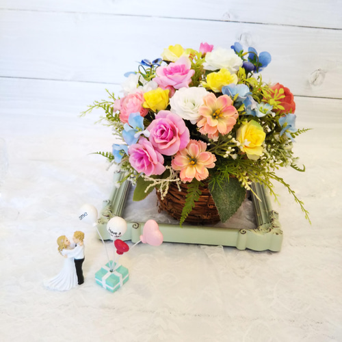 パステルカラーの春の花籠 アートフラワー KELLY FLOWER 通販