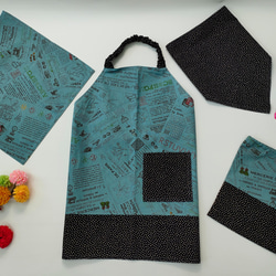 給食エプロン4点セット 黒・ドット 100〜120サイズ ランチョンマット