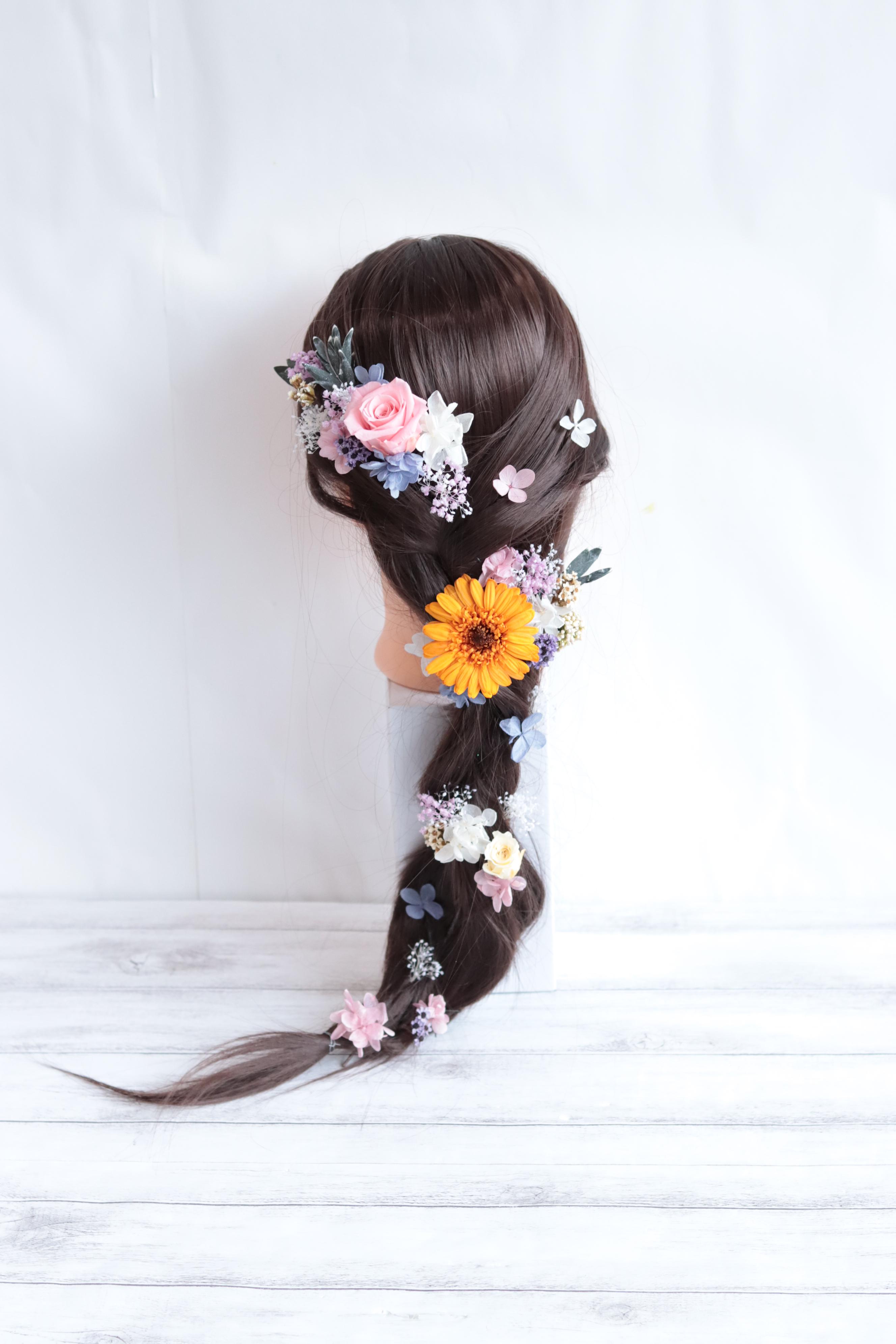 バラとガーベラのナチュラルパステルカラーのヘッドドレス＊プリザーブドフラワー&ドライフラワー