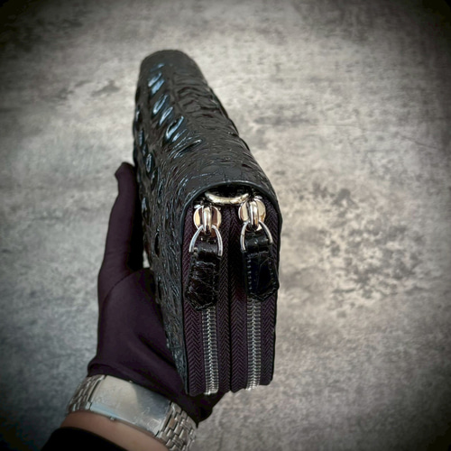 鰐本物⭐クロコダイル本革⭐ダブルファスナー長財布⭐人気のマットブラック 芦屋ダイヤモンド 財布 40万7,000円が82%OFF クロコダイル ワニ革 長