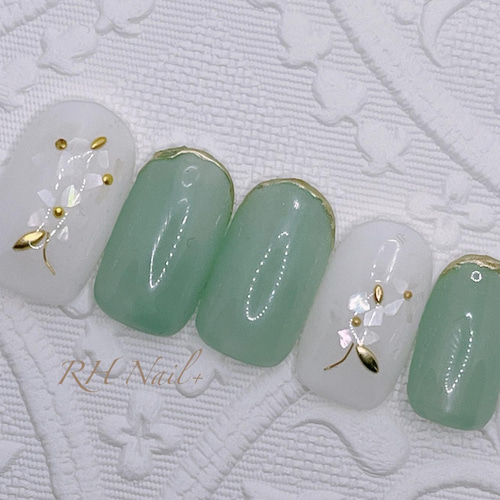 011*シアーグリーン&シェルフラワーネイル✧︎和装/ブライダル  