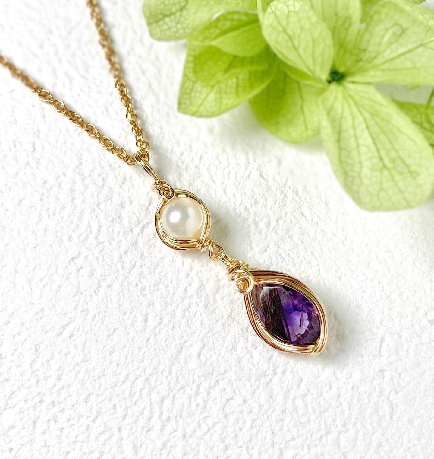 エレスチャル アメジスト X あこや真珠 / 14kgf ワイヤーラップ ネックレス ペンダントトップ 【077】