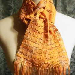 みどりさんの手織り綿ストール　橙コインレース織り 1枚目の画像