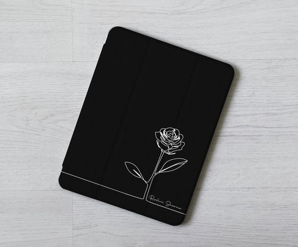 免費加名純黑花線條風iPad Pro mini Air 3 4 6 10.5 10.9 11 12.9吋翻蓋式筆槽保護套 第1張的照片
