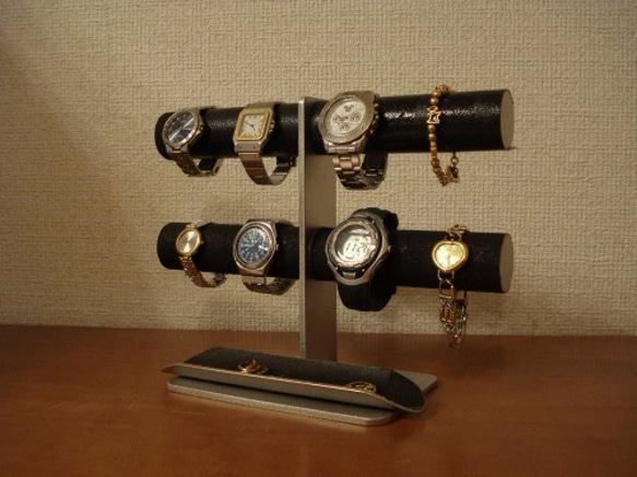 誕生日プレゼントに　ブラック8本掛けロングハーフパイプトレイインテリア腕時計スタンド 1枚目の画像