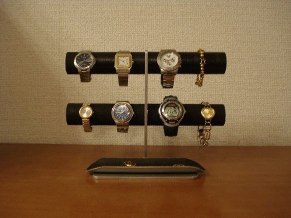 誕生日プレゼントに　ブラック8本掛けロングハーフパイプトレイインテリア腕時計スタンド 2枚目の画像