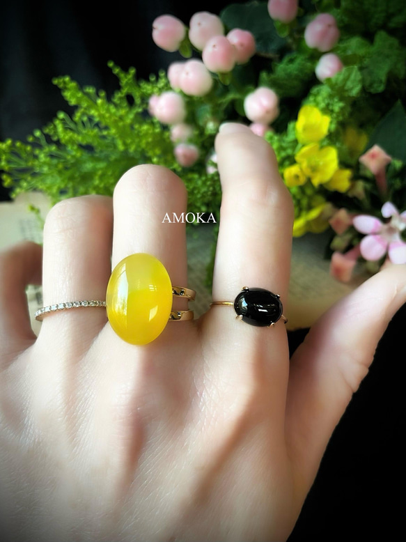 【2点セット販売】菜の花畑　yellowagate × Blackonyx ring ミモザ 1枚目の画像