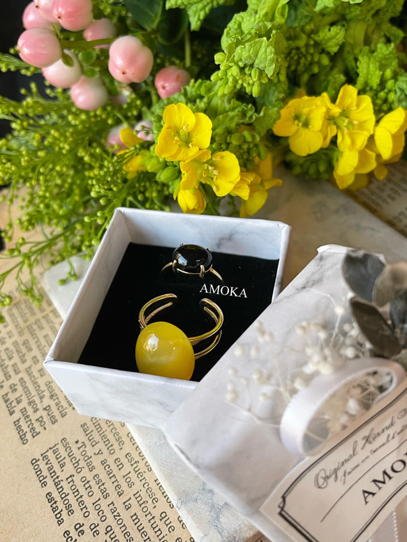 【2点セット販売】菜の花畑　yellowagate × Blackonyx ring ミモザ 5枚目の画像