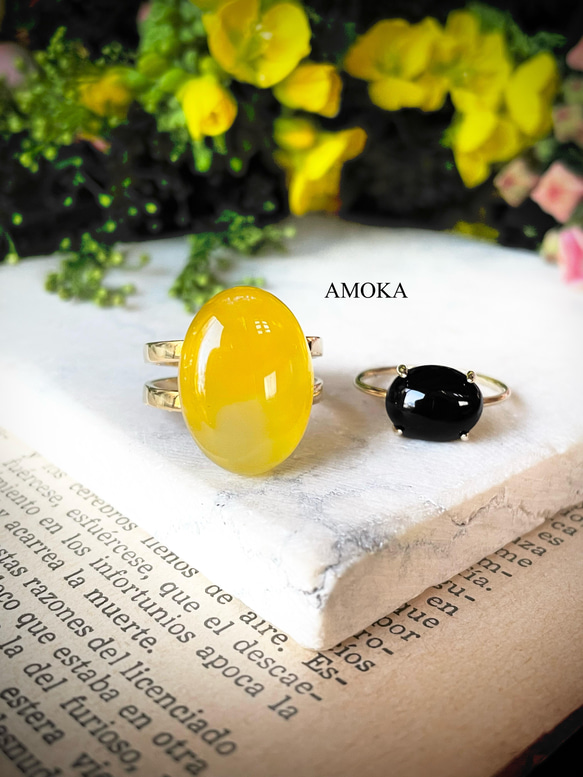 【2点セット販売】菜の花畑　yellowagate × Blackonyx ring ミモザ 4枚目の画像