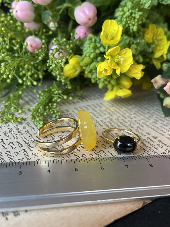 【2点セット販売】菜の花畑　yellowagate × Blackonyx ring ミモザ 13枚目の画像