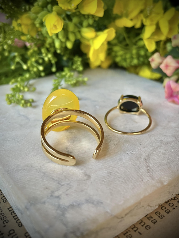 【2点セット販売】菜の花畑　yellowagate × Blackonyx ring ミモザ 11枚目の画像