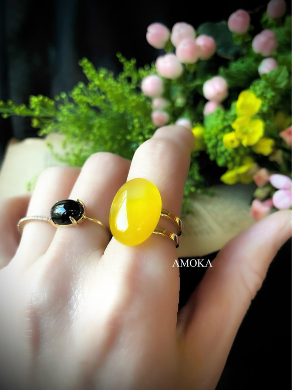 【2点セット販売】菜の花畑　yellowagate × Blackonyx ring ミモザ 3枚目の画像